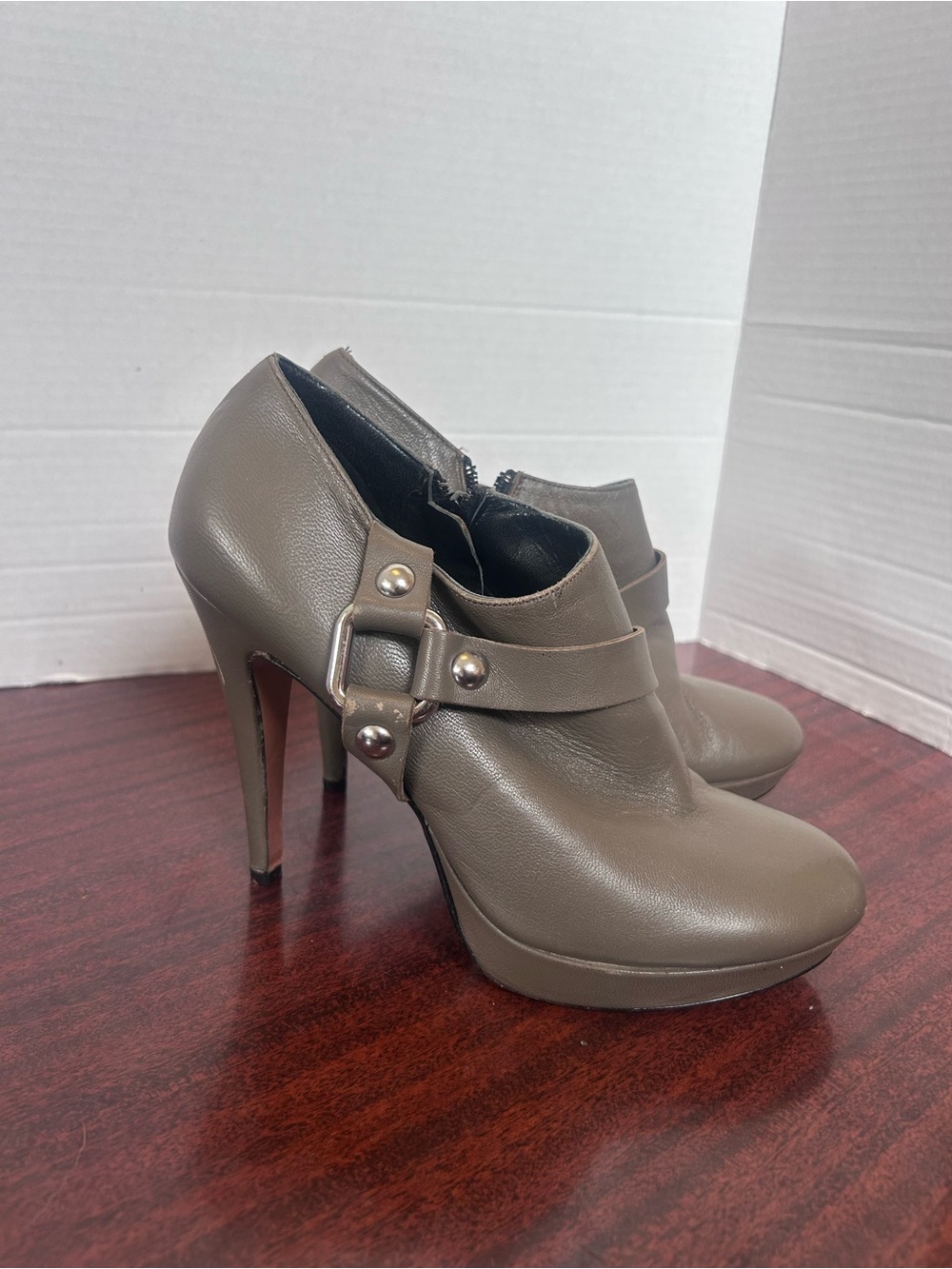 Balmain Taupe Leather High-Heel Ankle Booties with Buckle Strap